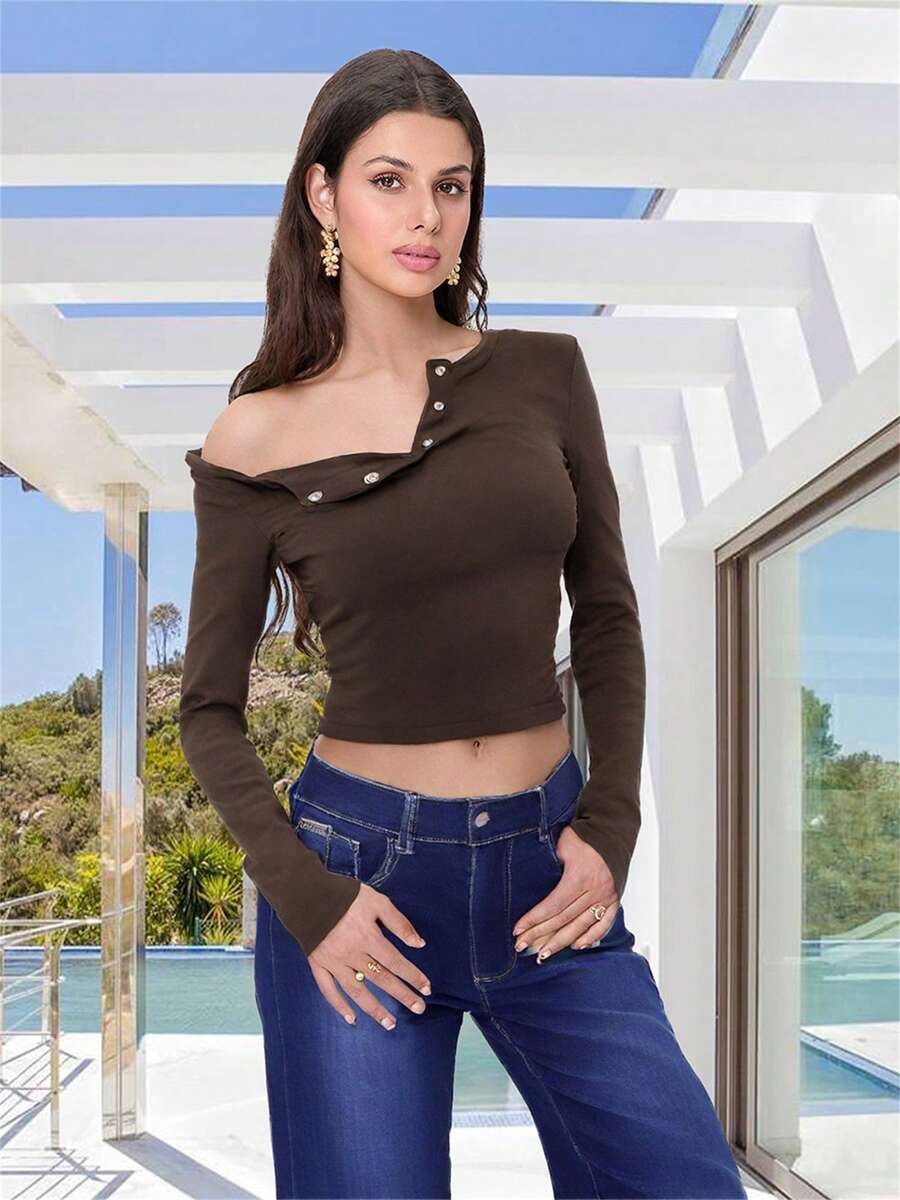 Women Long Sleeve T-Shirts Solid Color Buttons Oblique Shoulder Casual Shirts Spring Slim Fit Tops Streetwear