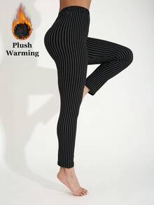 Women's Thermal Lined Black Leggings, European And American Fashion Casual Minimalist Line Pattern All-Over Print, Elegant Stretchy Skinny Pants For Home, Workout, Yoga, Gym, Running, Outdoor Walking, Party, Gift