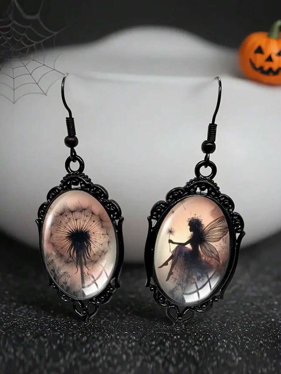 suteyi 1 Pair Of Black Lace Dandelion Fairy Pendant Earrings - Handmade Glass & Alloy, Iron Hooks, Perfect For Halloween, Thanksgiving, And Day Of The Dead Celebrations, Festive Gift Idea, Festive Earrings | Gothic Earrings | Detailed Craftsmanship, Halloween Accessories, Without Battery - Black - View 1