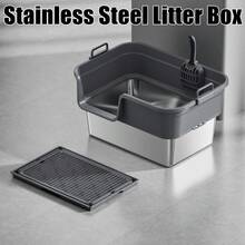 Caja de arena de acero inoxidable con tapa, caja de arena para gatos grandes de metal de gran tamaño, diseño de alto respaldo con pala y pedal, antiadherente, antifiltraciones, fácil de limpiar-ligera