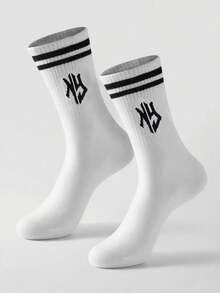 1/5 Pairs New 2024 Versatile Sports & Casual Mid-Calf Socks, Black Patterned Mid-Calf Socks, Fall Socks - Multicolor - View 1