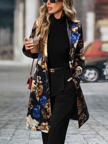 Long-Sleeved Floral Pattern Single-Breasted Suit Jacket - 藍色 - 查看 6