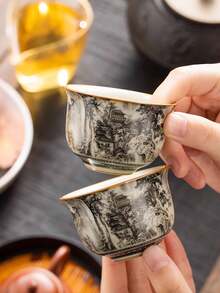 1pc/2pcs/6pcs水墨画陶瓷茶杯复古小容量意式咖啡杯品茶陶瓷杯功夫茶具茶杯普洱单杯随身杯大师杯小茶碗陶瓷杯适合茶友 - 彩色 - 查看 6