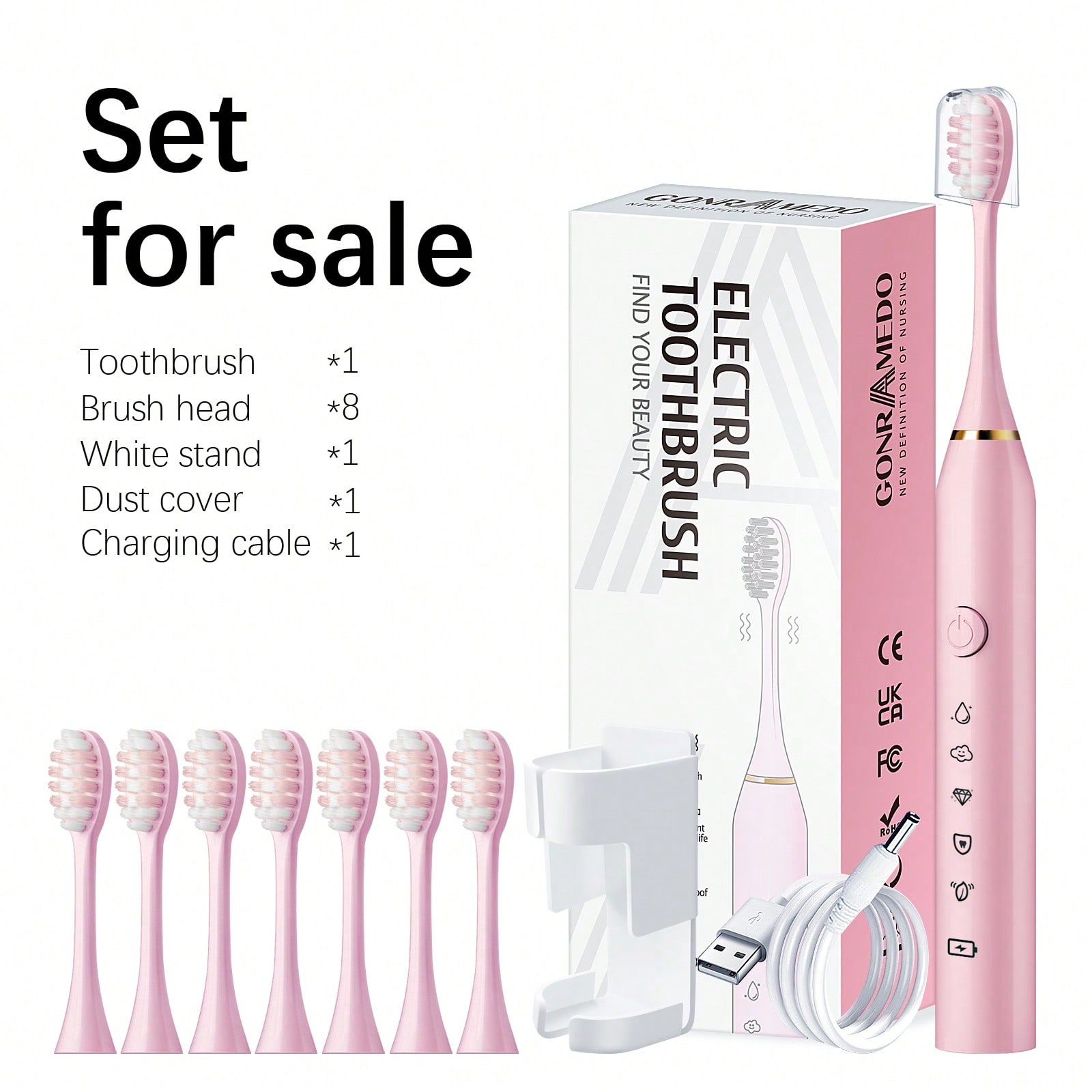 1pc Pink Electric Toothbrush, 8 Replaceable Brush Heads, 1 Wall Mount Holder, 1 Dust Cover, IPX7 Waterproof, 5 Cleaning Modes, Long Battery Life, USB Rechargeable Adult Electric Toothbrush