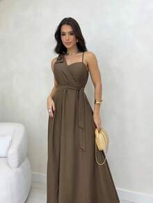 Women's Long Dress With Straps, Elegant Bow, Chic Party, Wedding, Graduation, Evangelical Fashion, Bojo - 鏽棕色 - 查看 1