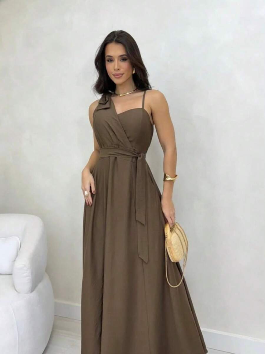 Women's Long Dress With Straps, Elegant Bow, Chic Party, Wedding, Graduation, Evangelical Fashion, Bojo - 鏽棕色 - 查看 1