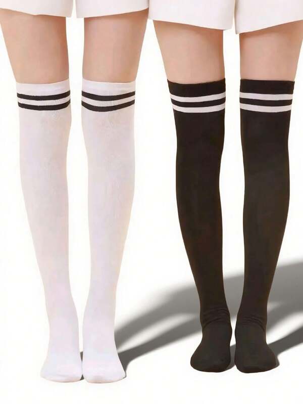 2 Paar (zufällige Lieferung) minimalistische Mode gestreifte Overknee-Socken, unisex, geeignet für den täglichen Weg zur Arbeit und für legere Unternehmungen, Y2K