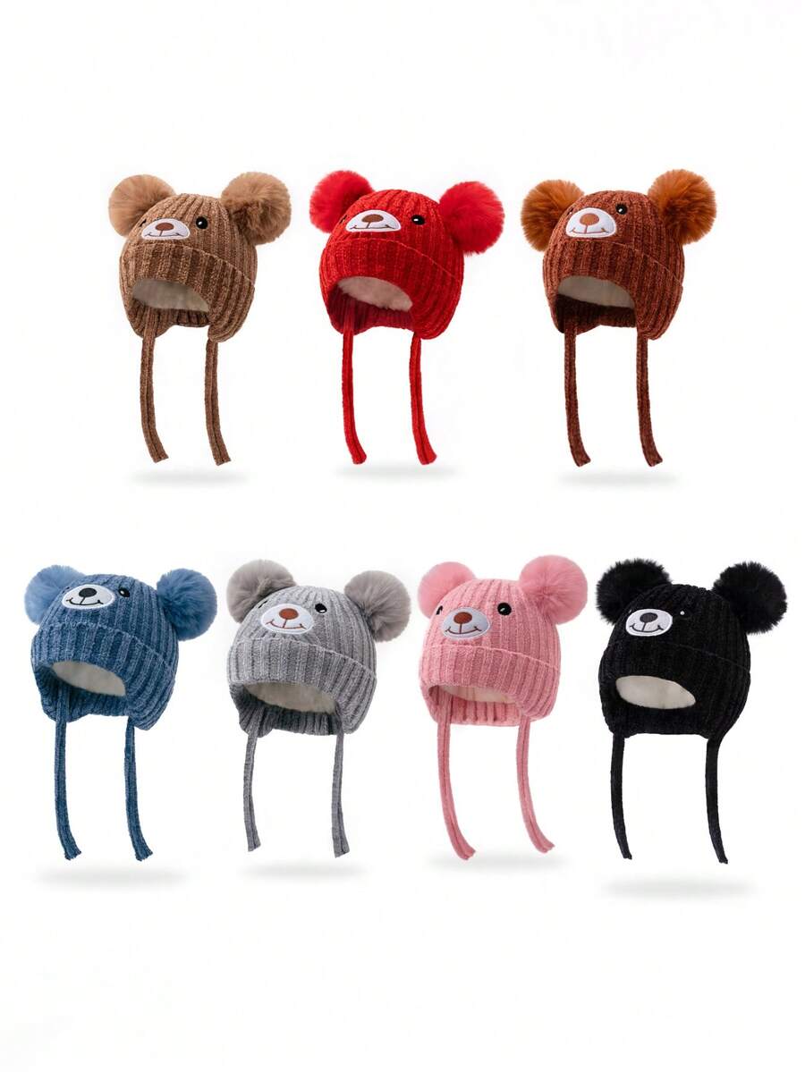 1顶儿童针织帽，带熊耳朵和双绒球，冬季保暖护耳，适合婴幼儿 - 1PC - 查看 1