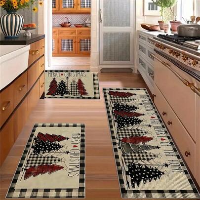 Christmas Element Kitchen Rug Set, Buffalo Plaid Tree Design, Machine Washable Polyester Mat, Rectangular Rug, Suitable For Home Holiday Decoration - Christmas Decor