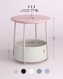 VASAGLE End Table, Small Bedside Table With Fabric Basket, Modern Nightstand, Round Side Table, For Living Room, Bedroom, Jelly Pink And Cream White - Pink and White - View 4