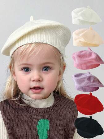 1 Pieza Gorro de boina de bebé de unicolor, gorro de punto para bebé niña, gorro de princesa coreana para niña pequeña, gorra de pintor de unicolor