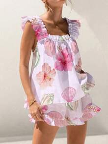Womens Pajamas Set Bow Floral Print Ruffle Sleeveless Tank Top And Shorts Sleepwear Set Summer 2 Piece Outfits Women Floral Print Pajama Sets 2 Piece Lounge Set Ruffle Trim Sleeveless Top And Shorts Pjs Sleepwear - 粉底海棠花 - 查看 5