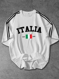 Shwiy Camiseta de manga corta casual para hombres con estampado de logotipo italiano, cinta a rayas, gráfico de bandera nacional, estilo deportivo universitario, adecuada para primavera/verano, escuela y uso diario en la calle