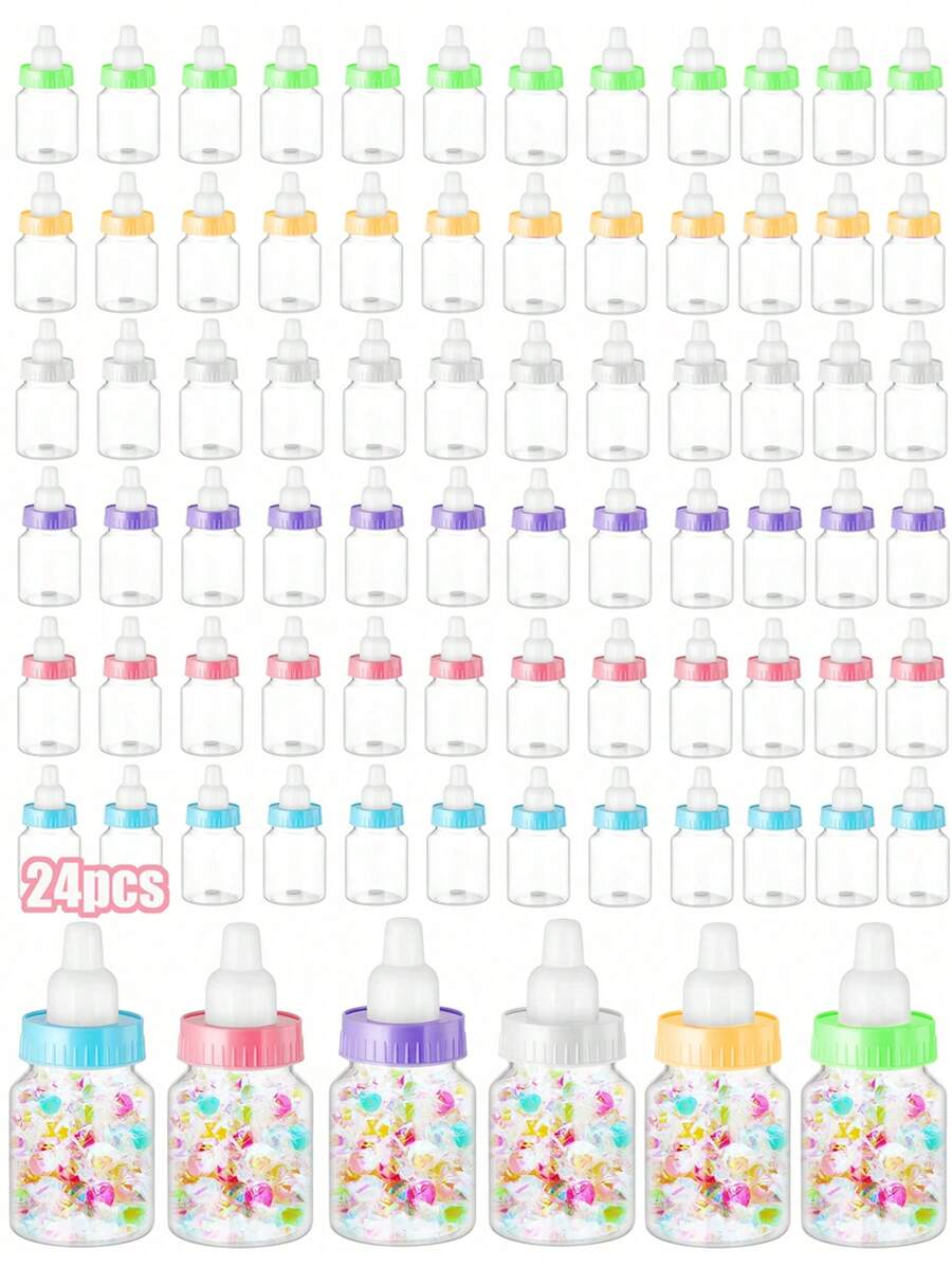 12 件婴儿迷你奶瓶婴儿洗澡礼品可填充奶瓶糖果盒小塑料糖果瓶 DIY 礼物，适合男孩女孩新生儿洗礼派对装饰，婴儿洗澡礼品 - 粉色和蓝色迷你奶瓶派对礼品袋盒塑料熊糖果瓶带丝带，适合婴儿洗澡礼品