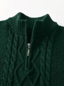 Boys' Solid Color Cable Knit Half Zip Sweater, School Style, Suitable For Spring, Autumn And Winter - Green - View 5