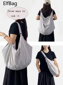 Bolso de hombro de gran capacidad con patrón de unicolor, bolso cruzado minimalista de estilo para mujer de vuelta al colegio, bolso de tela de nailon, bolso casual y práctico multiusos, adecuado para trabajo, estudio y viaje - Gris Claro - Ver 1