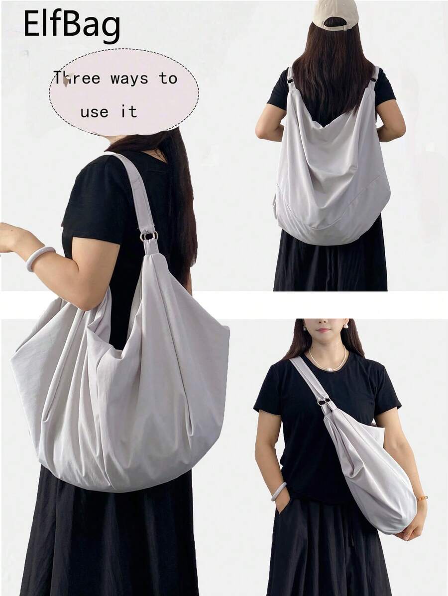 Bolso de hombro de gran capacidad con patrón de unicolor, bolso cruzado minimalista de estilo para mujer de vuelta al colegio, bolso de tela de nailon, bolso casual y práctico multiusos, adecuado para trabajo, estudio y viaje - Gris Claro - Ver 1