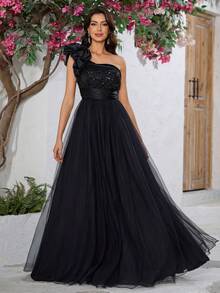 Women's Ball Gown Evening Dress With Three-Dimensional Flowers, Single Shoulder Decorated With Mesh, Elegant And Graceful Evening Dress - CJL20115