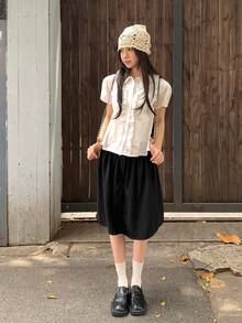 女式短袖纯色荷叶边领衬衫 - 白色 - 查看 10