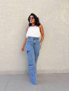 Kissmelady 555 Women's Cargo Jeans, Wide Leg, Plain, High Waist, Elegant - 中等水洗藍 - 查看 4