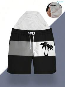 Men's Summer Printed Pattern Drawstring Waist Slant Pocket Hawaiian Quick-Dry Double-Layer Mesh Lined Shorts, Contrast Coconut Tree 3D Graphic, Fashionable Casual Beachwear Swim Trunks