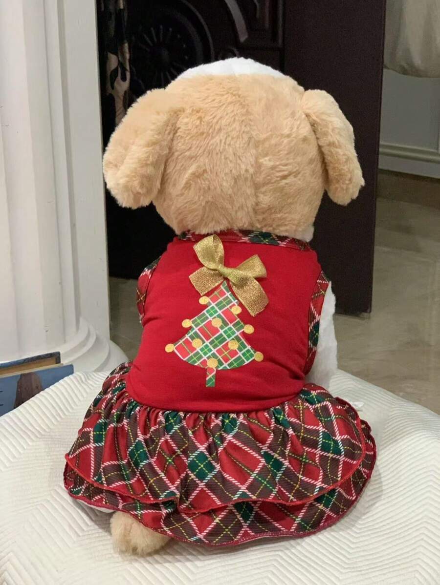 Pet Red Plaid Christmas Tree Dress, Small Cat Dog Clothes, Poodle Bichon Frise Outfits