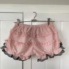 Women's Summer Ruffled Shorts With Black Lace Trim For Daily Wear With Bow Detail And Layered Design - Pink - View 5