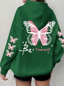 女款大尺碼蝴蝶帽衫－灰色底色配粉色滾邊，「Be Yourself」印花，舒適套頭帽衫，適合秋冬穿著 - 綠色 - 查看 1