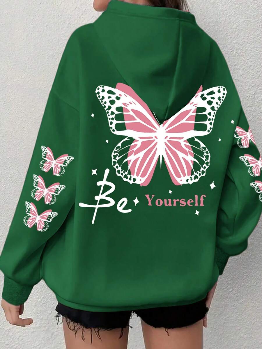 女款大尺碼蝴蝶帽衫-灰色底色配粉色滾邊,「Be Yourself」印花,舒適套頭帽衫,適合秋冬穿著 - 綠色 - 查看 1