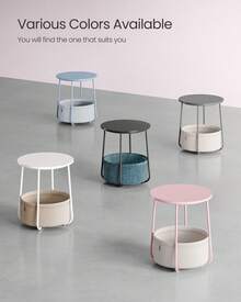 VASAGLE End Table, Small Bedside Table With Fabric Basket, Modern Nightstand, Round Side Table, For Living Room, Bedroom, Jelly Pink And Cream White - Pink and White - View 8