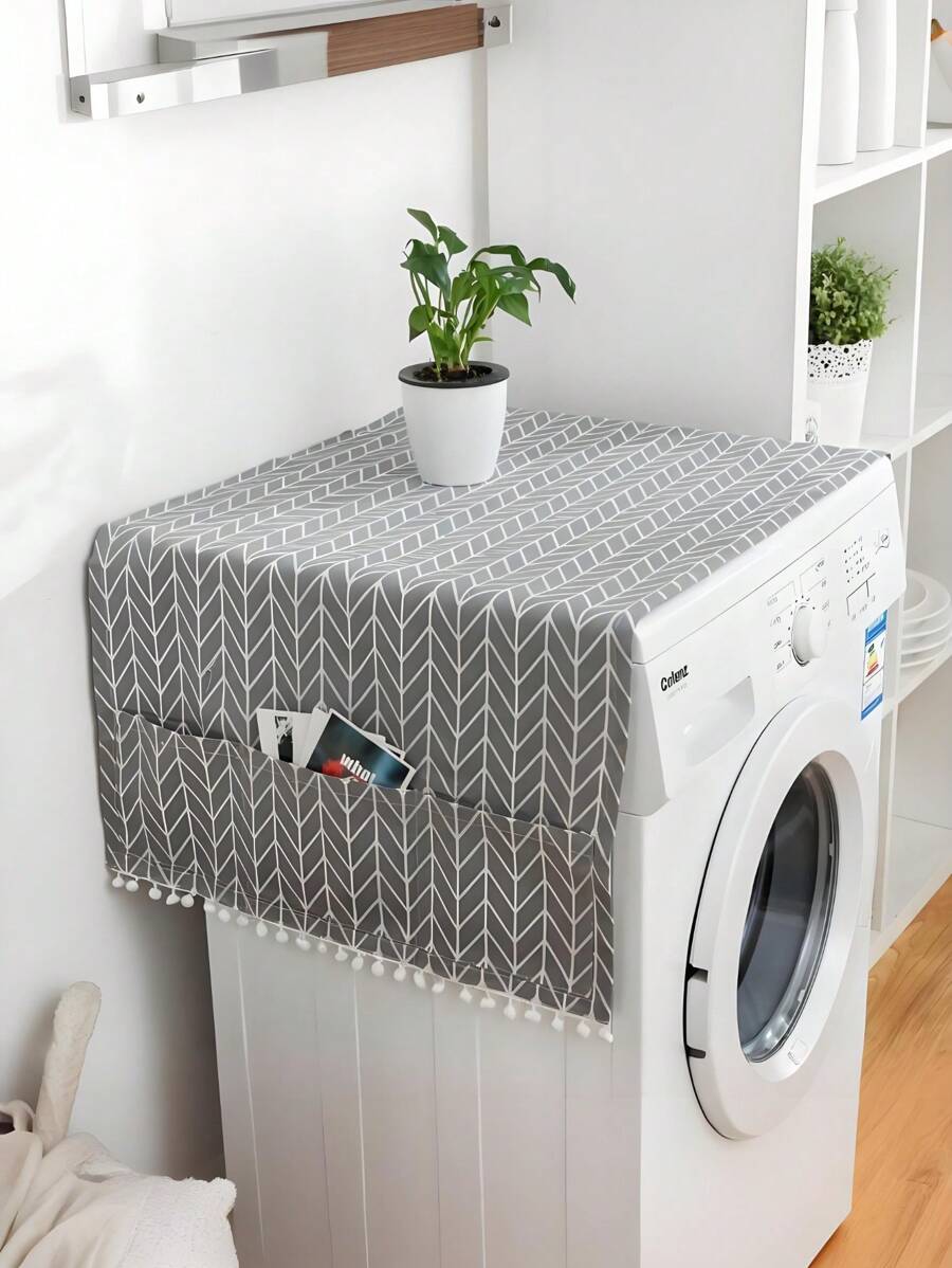 1pc Refrigerator Dust Cover, Household And Anti-Oil Storage And Sorting, Washing Machine, Microwave Oven Refrigerator Cover Cloth, Plaid Pattern, With Tassel Anti-Slip Washing Machine And Dryer Top Cover, Kitchen Supplies, Storage And Organizing Bag, Home Appliance Top Home Cover, Refrigerator Cover Hanging Bag, Christmas Home Decor Cloth