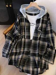 Camisa con capucha de botones delanteros y cordón, con parches a cuadros, para mujer de talla grande, color negro, para primavera - Negro - Ver 2