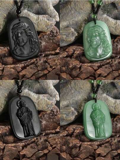 1 件黑曜石耶稣头吊坠项链，仿玉串珠链，适合男士