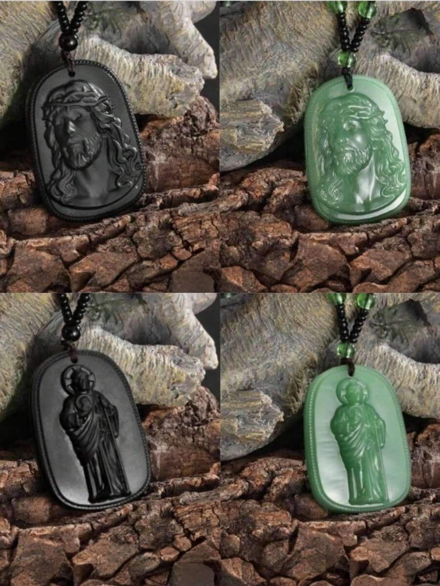 1 件黑曜石耶稣头吊坠项链，仿玉串珠链，适合男士 - 串珠項鍊 - 查看 1