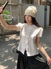 女式短袖纯色荷叶边领衬衫 - 白色 - 查看 7