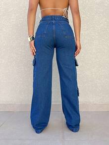 Kissmelady 555 Calça jeans feminina  cargo pantalona wide leg calca Calça jeans lisa cintura alta elegantes - Lavagem escura - Visão 2