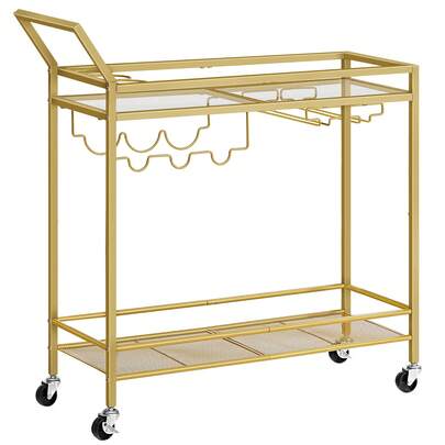 HOOBRO Drinks Trolley Gold, Bar Cart, Bar Trolley, Kitchen Trolley On Wheels, Serving Trolley With Glass Shelf, Wine Rack And Glass Holder, Home Bar Serving Cart For Dining Room, Party, Gold