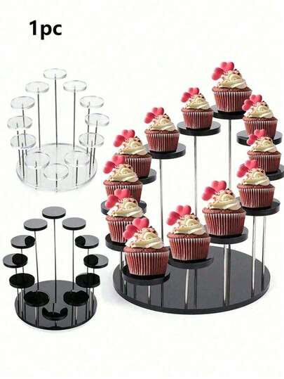 Acrylic Round Cupcake Stand, Jewelry Display Rack, Multi-Tier Ring Display Stand, Cupcake Holder, Cake & Dessert Stand, Essential For Party Decor, Multi-Layer Round Dessert & Cake Stand, Suitable For Rings, Earrings, Mini Figurines, Black And Clear Wedding Accessories