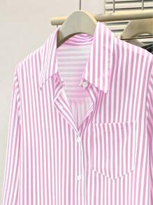 Blusa de mujer de manga larga con cuello puntiagudo y bolsillos con botones, a rayas, de estilo casual básico, adecuada para uso diario en la oficina, otoño/invierno/primavera - Rosa - Ver 3