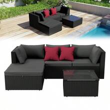 LILIIN Polyrattan Garden Furniture Set Outdoor Lounge Balcony Furniture Garden Lounge With 3-Seater Sofa, Table, Armchair, Stool, Seat Cushion, Weatherproof, Terrace Furniture Seating Group For Garden, Balcony And Patio, Black - 黑色 - 查看 9