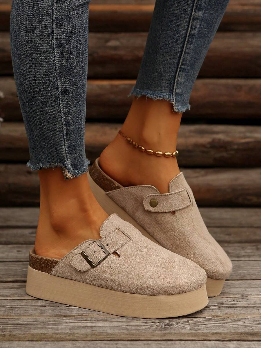 女士时尚休闲一脚蹬厚底乐福鞋，厚底半包边休闲一脚蹬平底鞋，春/秋，穆勒鞋 - 卡其 - 查看 1