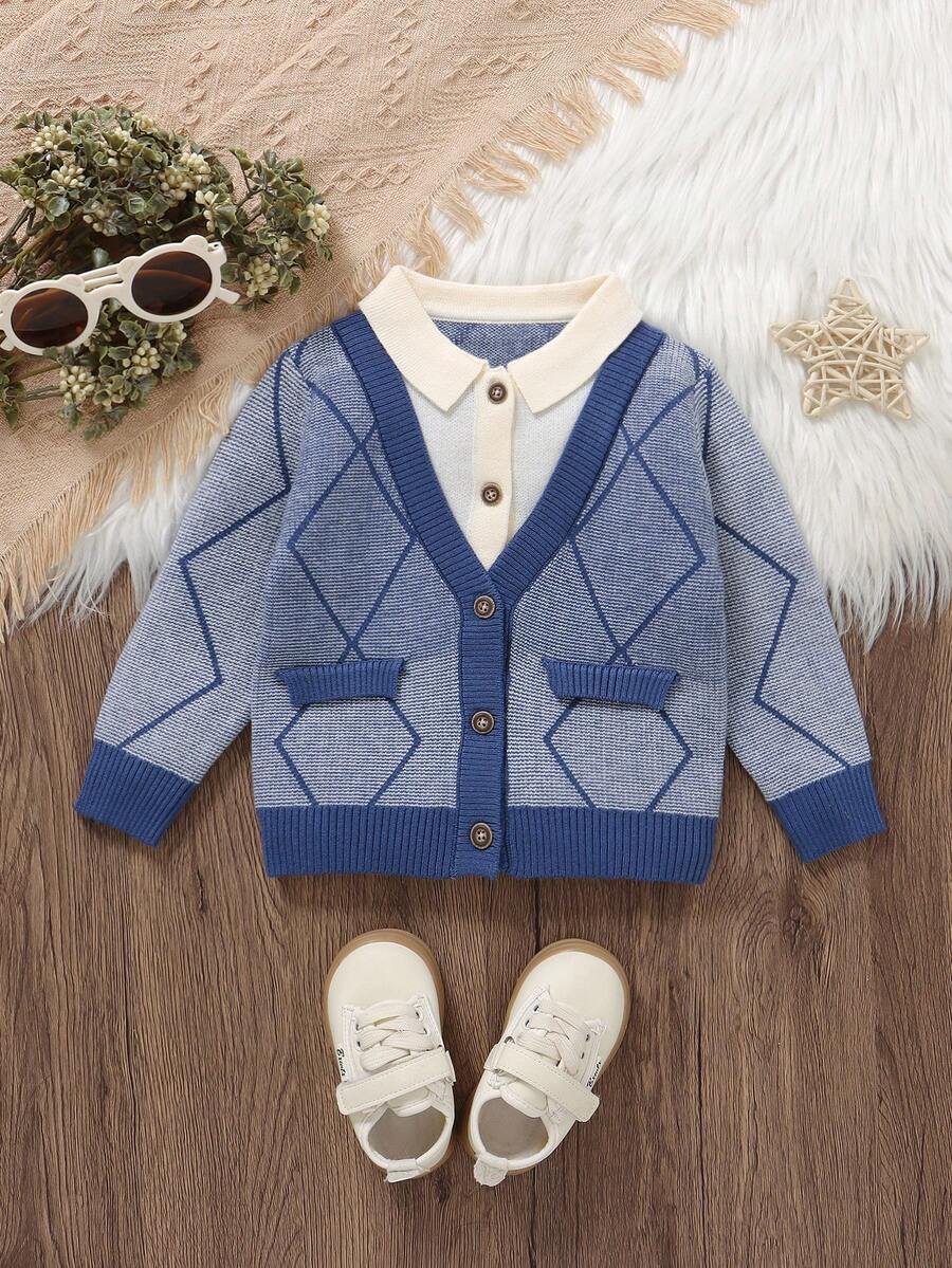 1pc Toddler Boys' Fashionable Lapel Diamond Grid Faux Pocket Long Sleeve Cardigan Sweater, Suitable For Everyday And Vacation, Spring/Autumn/Winter - Blue - View 1