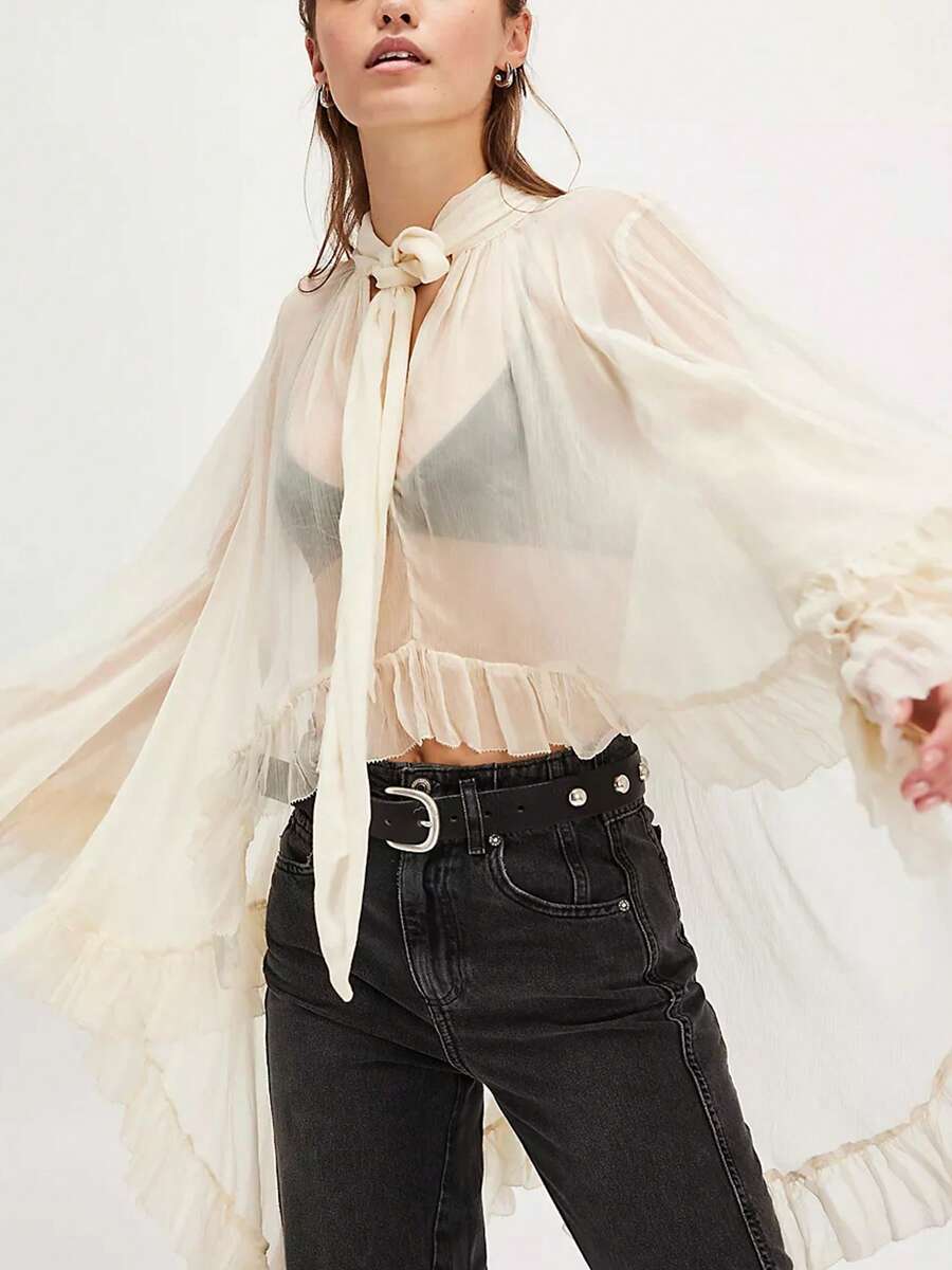 Women's Ruffled Tops Bow Tie Design Long Sleeve Peplum Lace Trim Chiffon Shirt Sheer V Neck Boho Ruffle Beach Blouse - Màu be - Xem 1