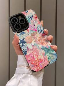 1pc Soft Silicone Phone Case With Light Blue & Pink Ocean Creature Puzzle Pattern, Vertical Stripes Faux Leather Texture, Anti-Drop, Compatible With Apple And 16/16 Plus/16 Pro/16 Pro Max Waterproof Shockproof Scratch Resistant - Multicolor - View 3