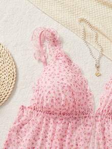 2 Pieces Women's Sexy Pink Floral Print Lingerie Set - Pink - View 3