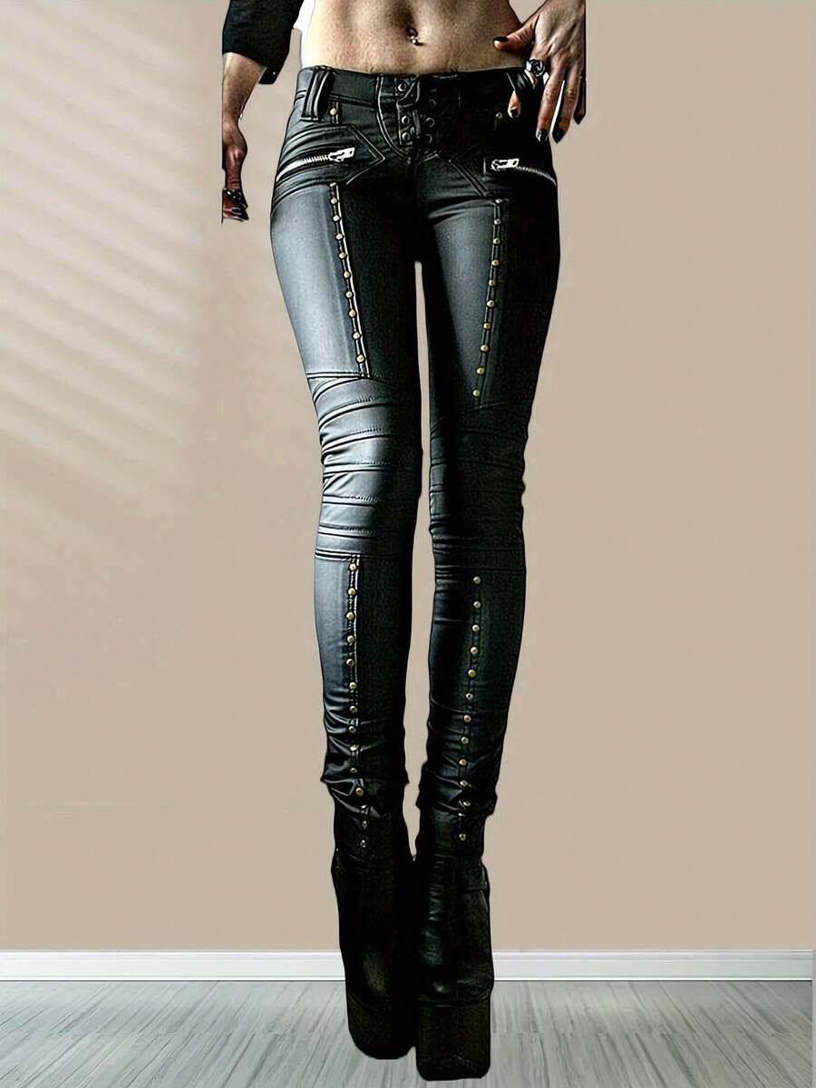 Women's PU Leather Skinny Pants With Button And Zipper Details Long Plain Casual Party Style Non-Stretch Leggings - màu đen - Xem 1