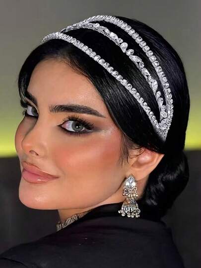 1pc Luxury 3-Row Rhinestone Bridal Headpiece, Elegant Wedding Hair Accessories Headband Valentine's Day Accessories