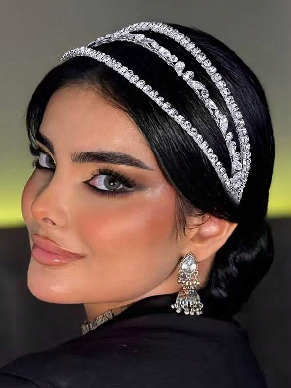 1 pièce Serre-tête de mariée de luxe à 3 rangées de strass, accessoires de cheveux de mariage élégants, bandeau, accessoires pour la Saint-Valentin