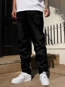 leev 男士直筒牛仔裤，棉质斜口袋，水洗牛仔布，个性化百搭阔腿水洗牛仔裤，直筒宽松男友风，垃圾摇滚 - 黑色 - 查看 4