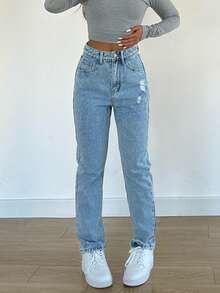 American-Style Simple And Casual Stretch Skinny Women's Jeans; Washed Solid Color Women's Pocket Jeans; Suitable For Daily Commuting, Shopping, And Parties. - 淺色水洗藍 - 查看 5